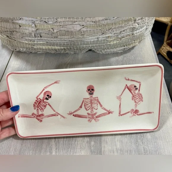Halloween Pink Skeleton Yoga Ceramic Food Safe Decorative Tray NeW - Picture 2 of 2
